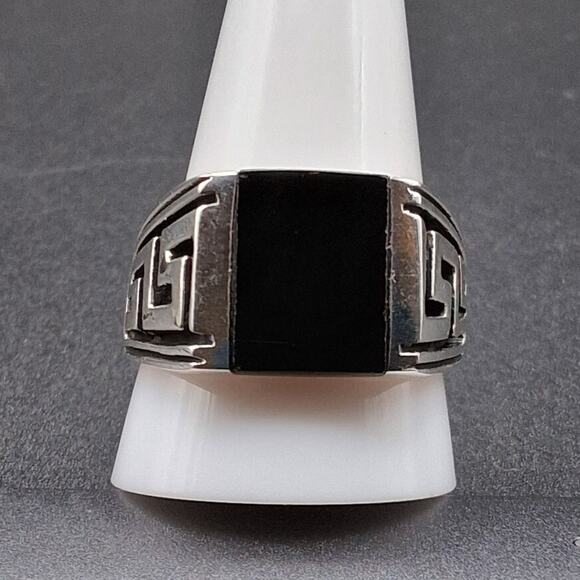 Men's Black Onyx Ring, Size 11.75, 925 Silver, Signet, Bold Modern Greek Style - Picture 1 of 10